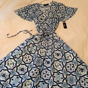 Lulus Blue Geometric Wrap Dress with Split Sleeves